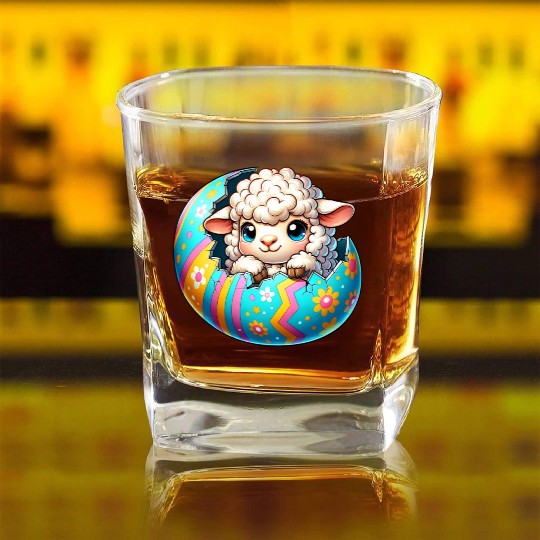 Colorful Lamb Hatching from Easter Egg Cartoon Square Whiskey Glasses
