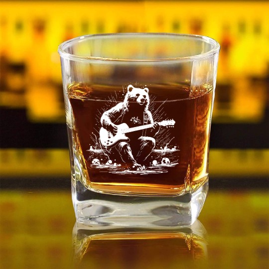 Grizzly Bear Playing Guitar Square Whiskey Glasses