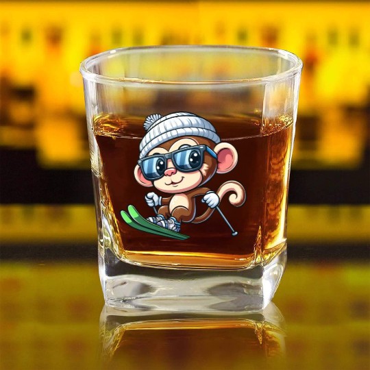 Monkey Chimpanzee Skier Skiing Square Whiskey Glasses