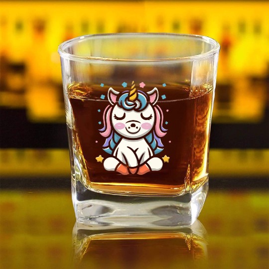 Cute school unicorn cartoon Square Whiskey Glasses design