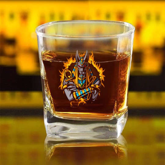 Anubis God With Halftone Gold Fire Square Whiskey Glasses