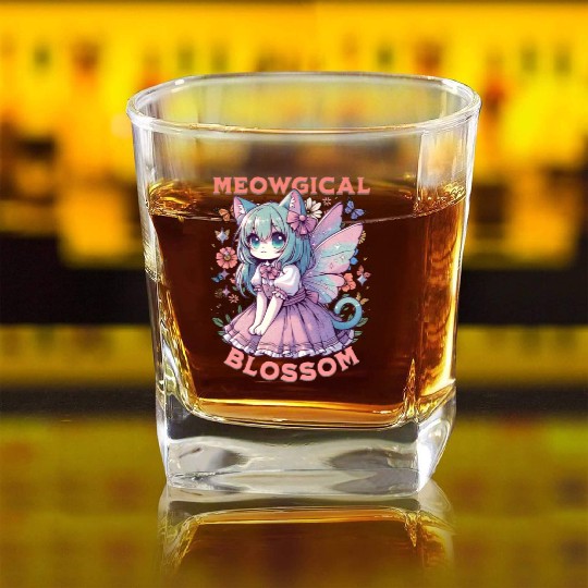 Meowgical Blossom Enchanting Fairycore Cat Fantasy Square Whiskey Glasses