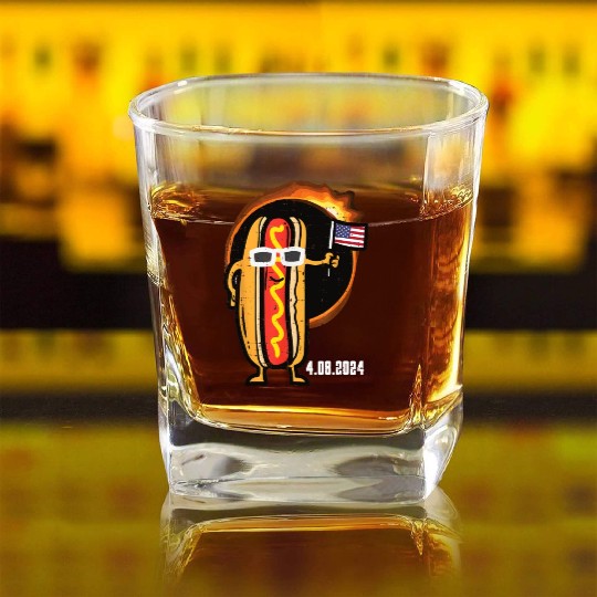 Solar Eclipse Hotdog US Flag 4 08 24 Men Boys Kids Square Whiskey Glasses