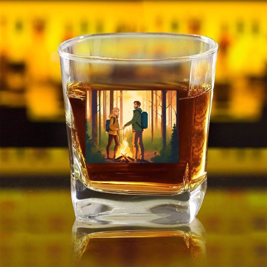an illustration style where young man with brown Square Whiskey Glasses
