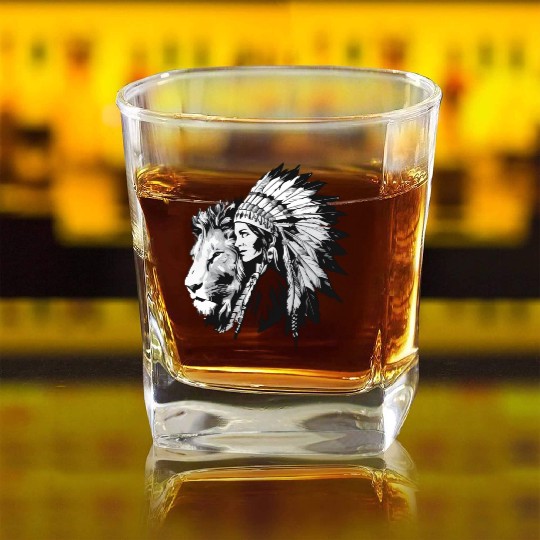 Native American woman and a majestic lion Square Whiskey Glasses