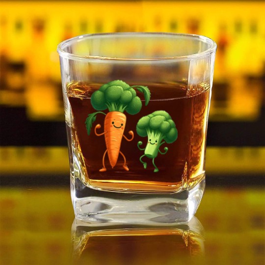 Carrot Dancing with Broccoli Square Whiskey Glasses