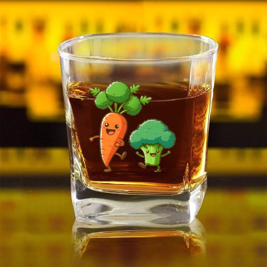 Carrot Dancing with Broccoli Square Whiskey Glasses