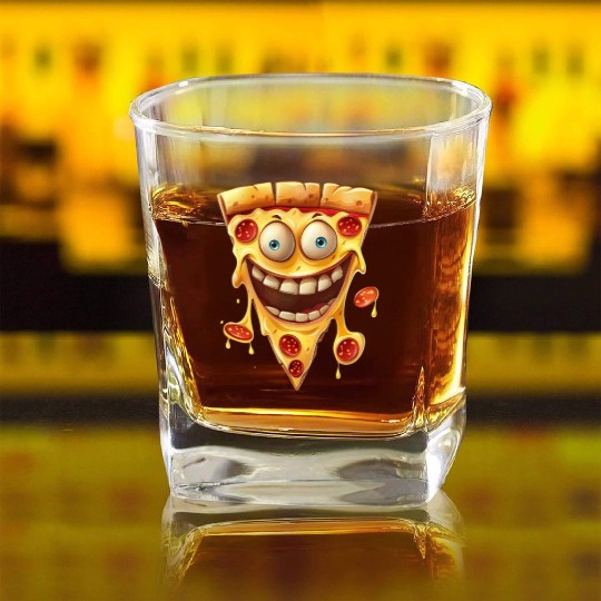 Happy Pepperoni Pizza Slice Square Whiskey Glasses