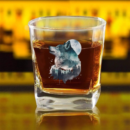 Wolf Print, Cosmic Wolves, Animal Print, Cosmos Square Whiskey Glasses