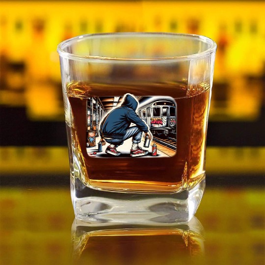 AI Teen in Subway Layup Underground- Masked Border Square Whiskey Glasses