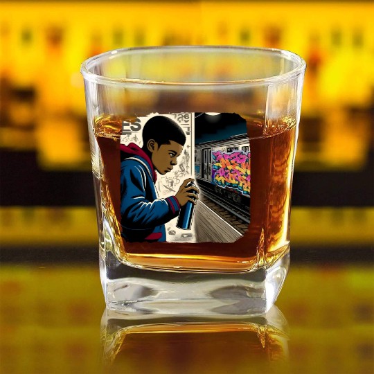 AI Teen in Underground Subway Layup -Masked Border Square Whiskey Glasses