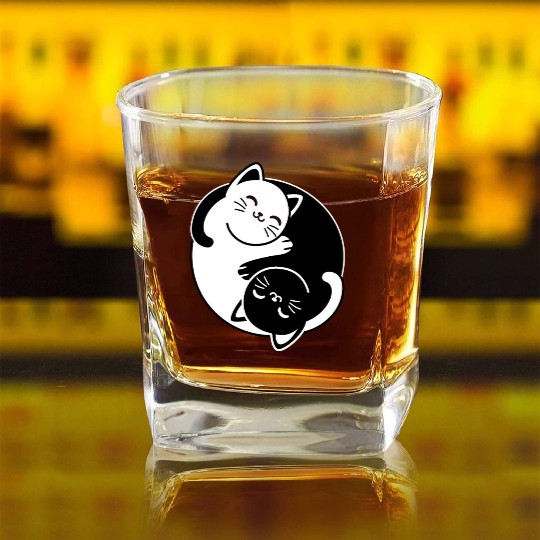 Yin and Yang Cats Square Whiskey Glasses