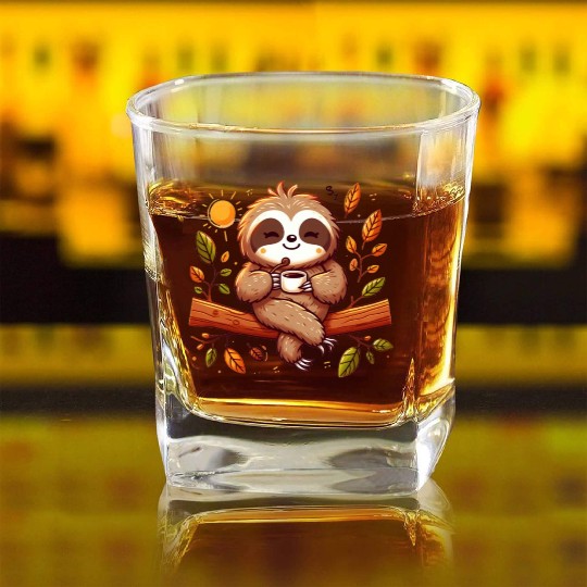 Sloth drinking a cup of coffee Square Whiskey Glasses