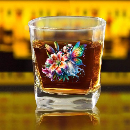 Tiger Lily Fairy Floral Fantasy Watercolor Square Whiskey Glasses