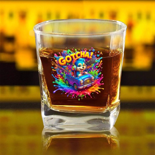 Stellar Cadence: Symphony of Neon Hues - GoTCha! Square Whiskey Glasses