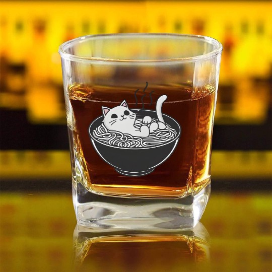 Ramen Cat Kawaii Anime Otaku Bowl Japanese Noodles Square Whiskey Glasses