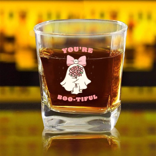 Pink halloween ghost girl with diasy flower Square Whiskey Glasses