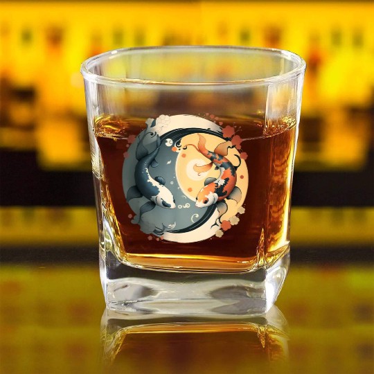Japanese Koi Fish Yin Yang Square Whiskey Glasses
