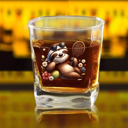 Sloth Tennis Player Cute Sports Design Square Whiskey Glasses