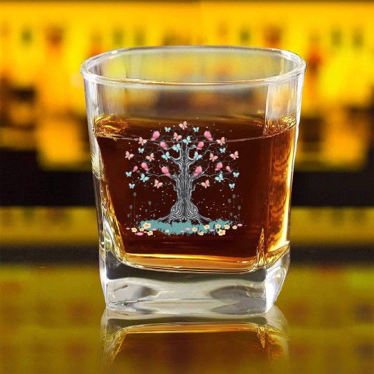 Floral Nature Beautiful Insect Butterfly Tree Butt Square Whiskey Glasses