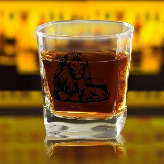 Lion and Lamb Black Design Christian Square Whiskey Glasses