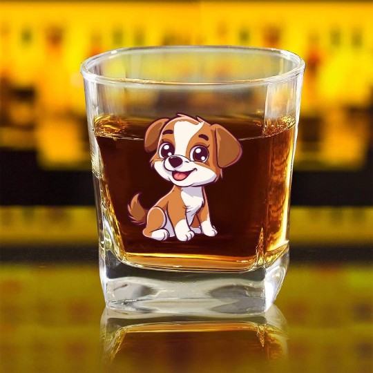 Adorable Brown and White Puppy Smiling Square Whiskey Glasses
