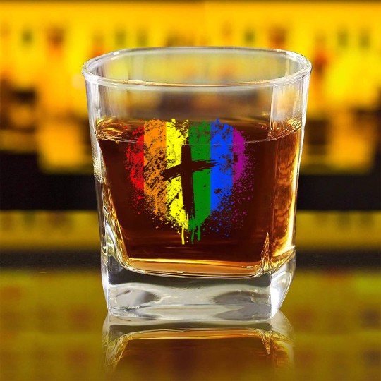 Rainbow Heart with Cross Gay Pride LGBT Christian Square Whiskey Glasses