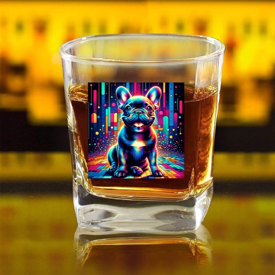 French Bulldog Neon Art Square Whiskey Glasses