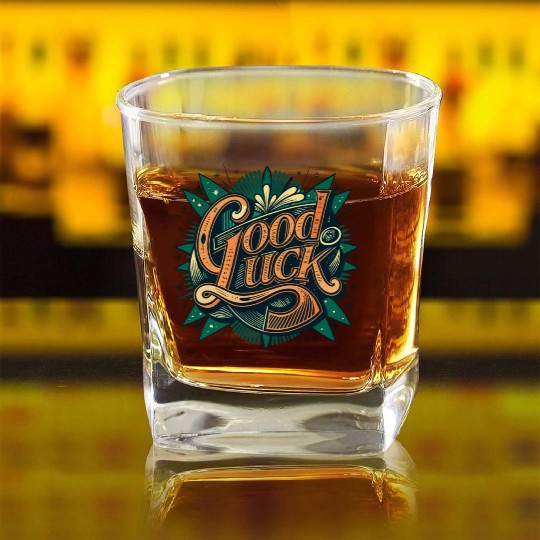 Orange and Green Good luck Graphic Square Whiskey Glasses