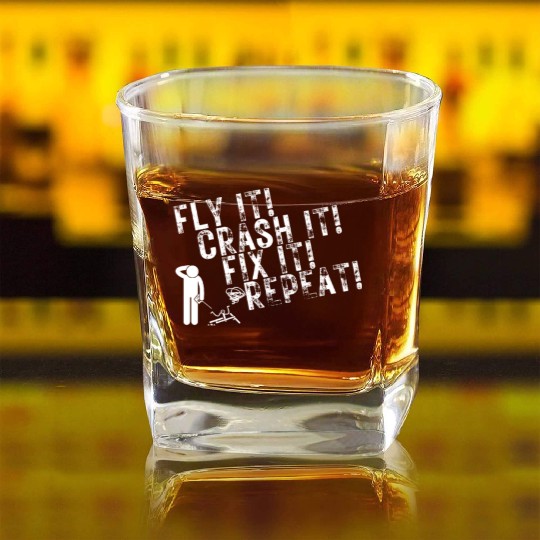 Quadcopter Fly Crash Fix Repeat Funny Drone Pilot Square Whiskey Glasses