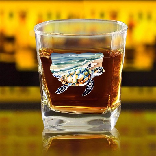 Sea Turtle at the Beach in Watercolor Square Whiskey Glasses