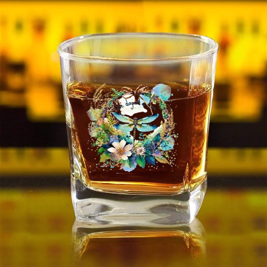 One day at a time dragonfly floral Square Whiskey Glasses