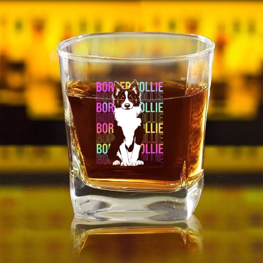 Colorful Text Art Design Dog Lover Border Collie Square Whiskey Glasses