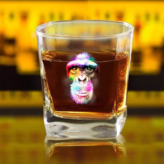 Colorful Retro Realistic Monkey Face Funny Graphic Square Whiskey Glasses
