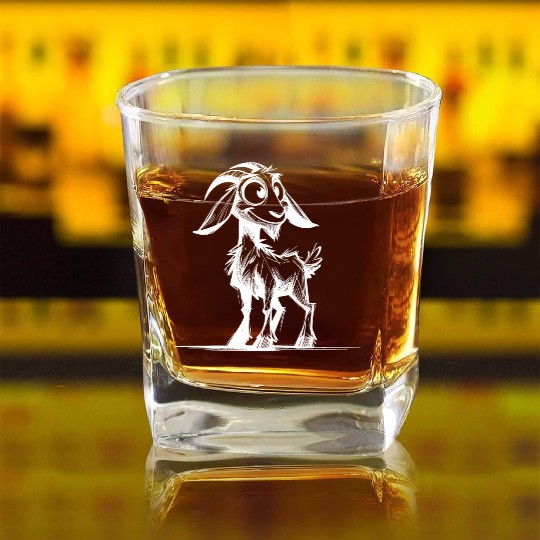 Grinning Goat Pencil Sketch Drawing Square Whiskey Glasses
