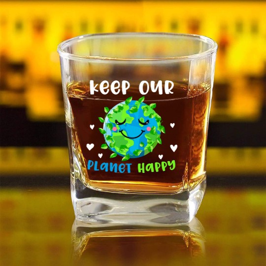 keep Our Planet Happy Square Whiskey Glasses