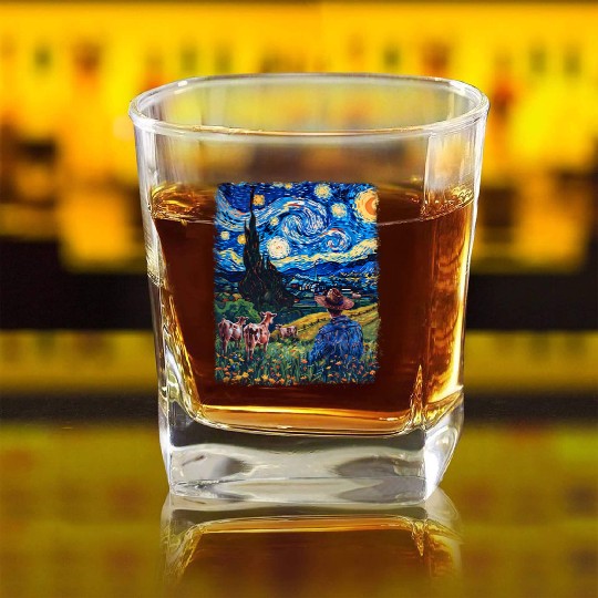 Cow Farmer Farming Farm Starry Night Painting Square Whiskey Glasses