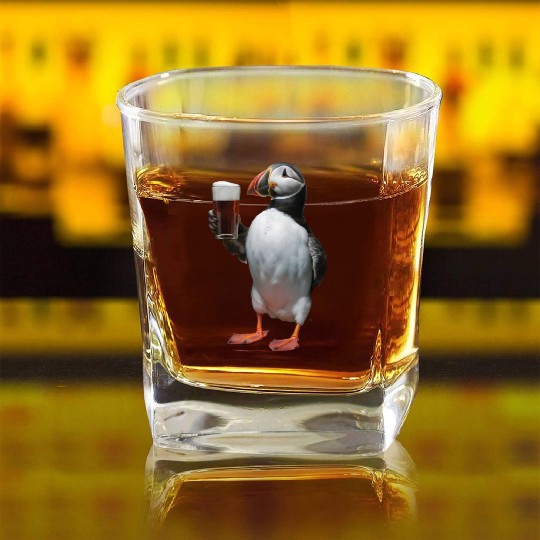 Atlantic Puffin Drinking Beer Realistic Square Whiskey Glasses