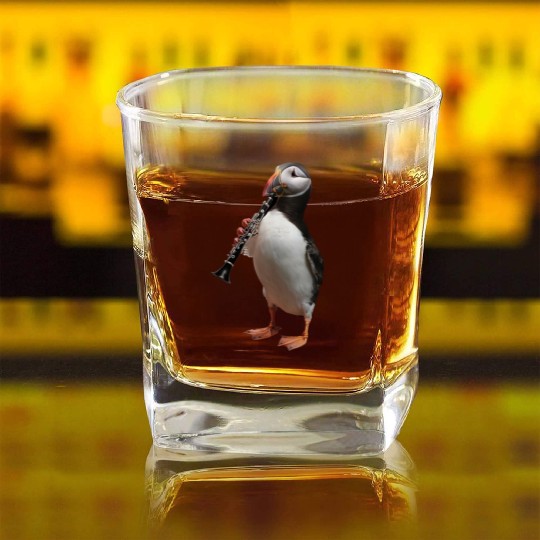 Atlantic Puffin Playing Clarinet Realistic Square Whiskey Glasses