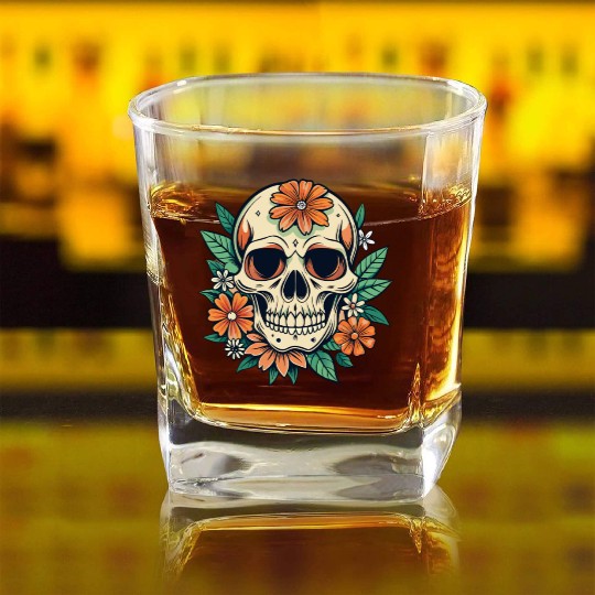 Vintage Retro Halloween Sugar Skull with floral Square Whiskey Glasses