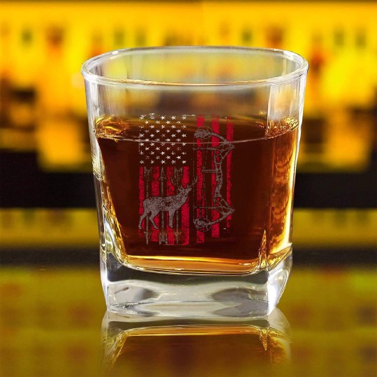 American Flag Deer Bow Hunting Patriotic Square Whiskey Glasses