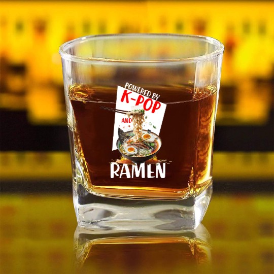 Powered by K pop and Ramen Japanees foods Lover Square Whiskey Glasses
