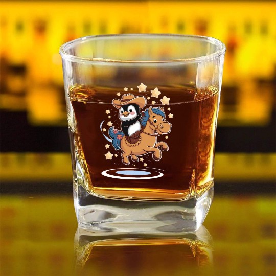 Adorable Penguin Cowboy Riding a Magical Pony Square Whiskey Glasses