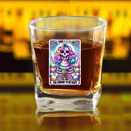 Funny Skeleton Salty Tarot Card, Funny Tarot Card Square Whiskey Glasses