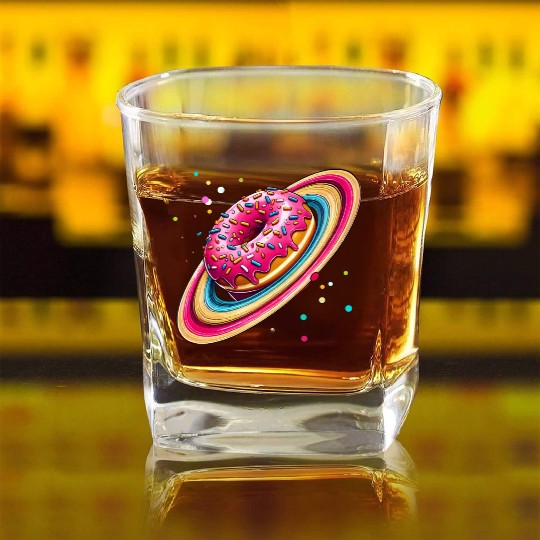 A donut with colorful sprinkles as planet Saturn Square Whiskey Glasses