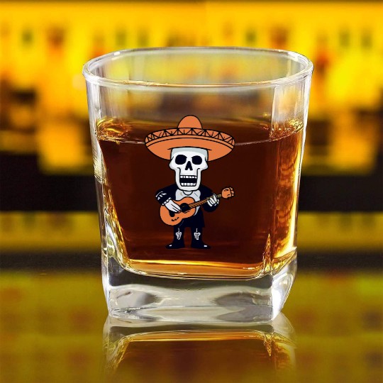 Skeleton Mariachi Guitar Player Square Whiskey Glasses