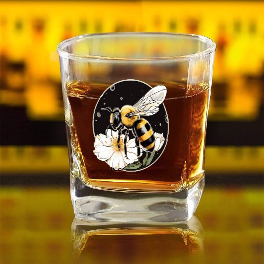 Bumble Bee on a Flower in a Bubble Square Whiskey Glasses