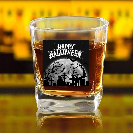 halloween cat on a graveyard Square Whiskey Glasses