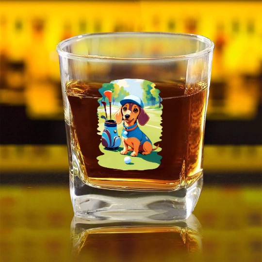 Dachshund Dog Playing Golf Funny Design Square Whiskey Glasses