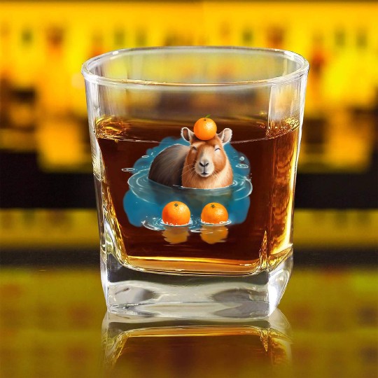 Blissful Capybara in the Water with Oranges Square Whiskey Glasses